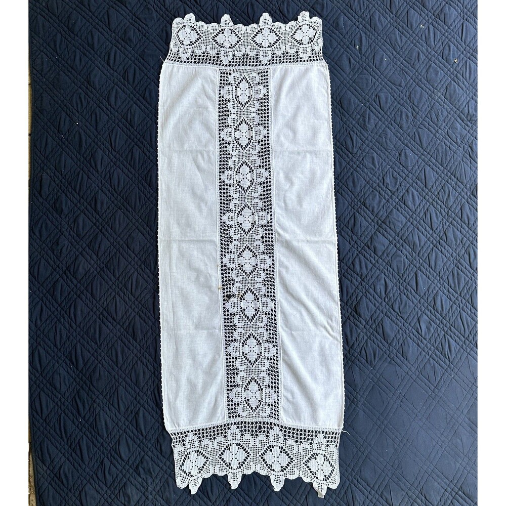 Vintage Lace Table Runner DIY White Cotton Crochet Panel Dresser Scarf 63”x24”